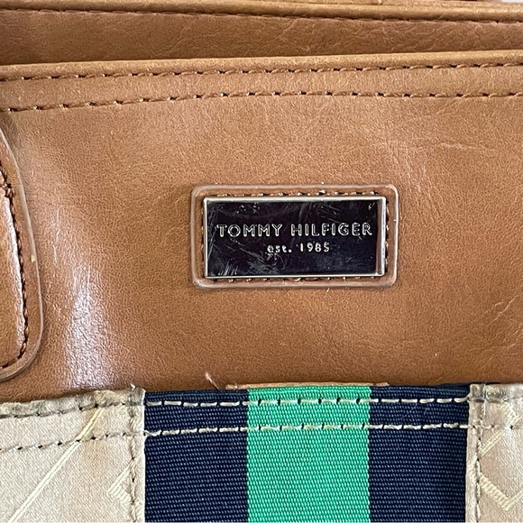 Tommy Hilfiger Shoulder Bag Tote Leather w/ Monogram Print Green & Blue Stripe - Picture 3 of 16